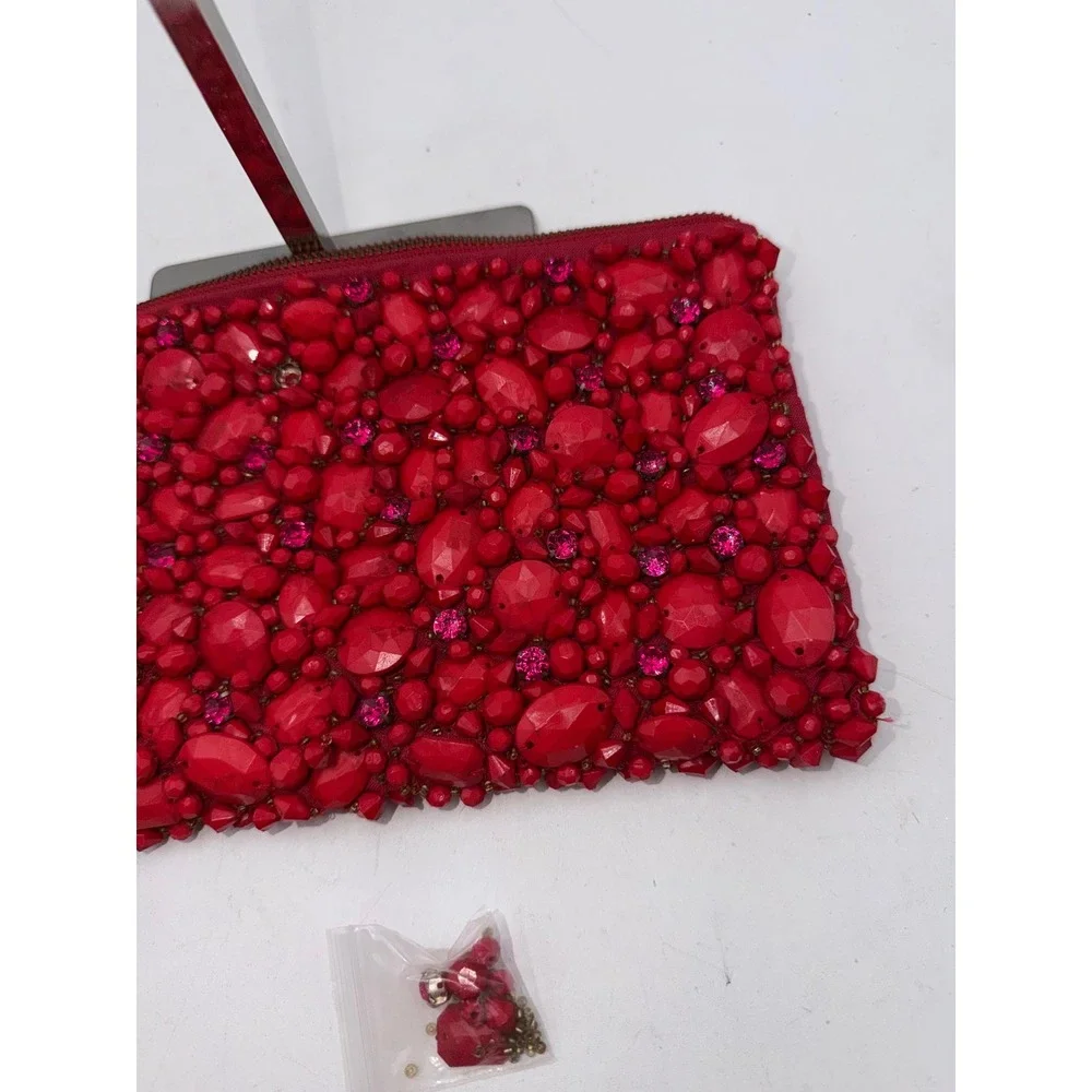 Red Beaded Rhinestone Embellished Zip Clutch Evening Bag with Spare Beads